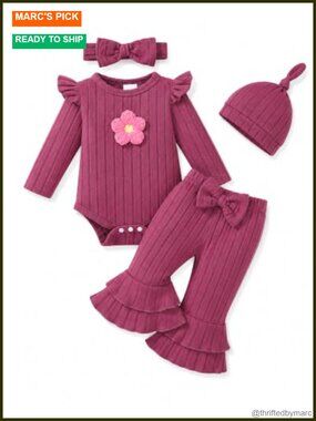 Baby Girl 4-Piece Outfit Set, Long Sleeve Romper Bodysuit, Bell Bottom Pants,
